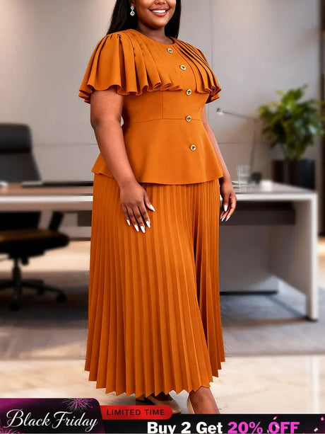 AOMEIDRESS Two Piece Sets O Neck Button Cape Style Tops Pleated Skirt - Brown / L