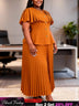 AOMEIDRESS Two Piece Sets O Neck Button Cape Style Tops Pleated Skirt - Brown / L