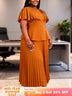 AOMEIDRESS Two Piece Sets O Neck Button Cape Style Tops Pleated Skirt - Brown / L