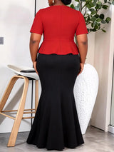AOMEIDRESS Two Piece Sets V Neck Tops Appliques Belt Mermaid Skirts