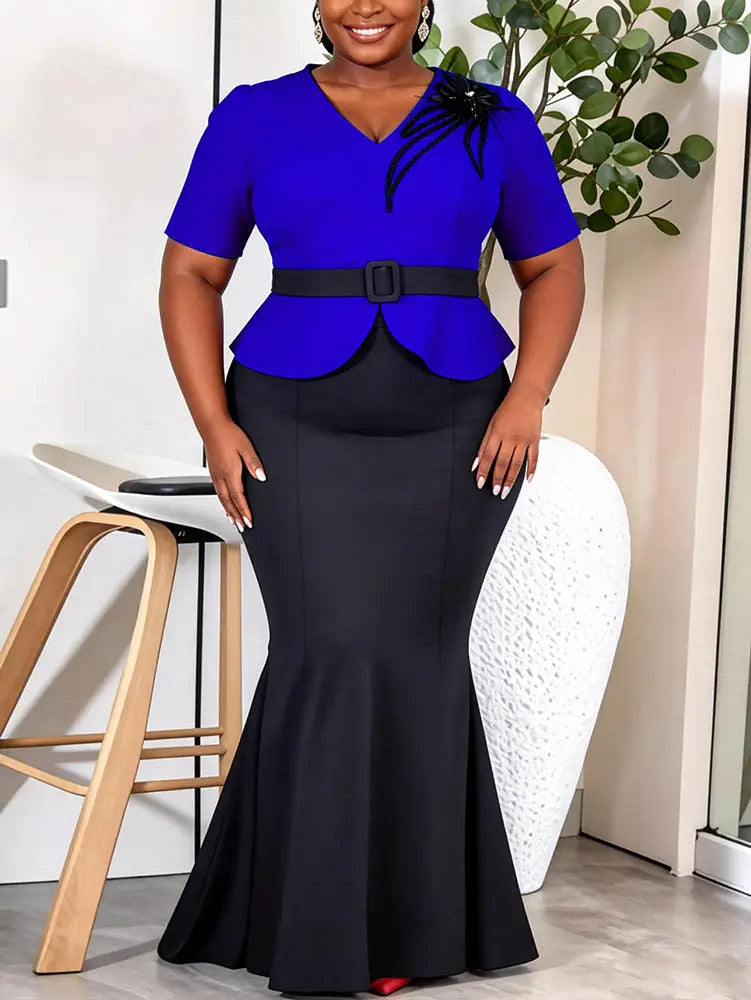 AOMEIDRESS Two Piece Sets V Neck Tops Appliques Belt Mermaid Skirts - Blue / L