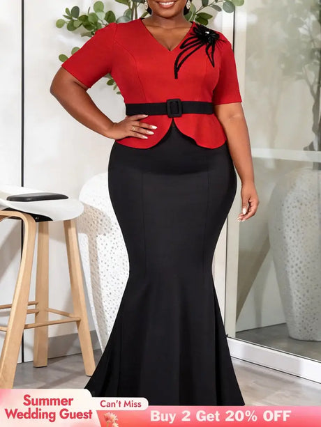 AOMEIDRESS Two Piece Sets V Neck Tops Appliques Belt Mermaid Skirts - Red / L