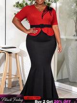 AOMEIDRESS Two Piece Sets V Neck Tops Appliques Belt Mermaid Skirts - Red / L