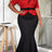 AOMEIDRESS Two Piece Sets V Neck Tops Appliques Belt Mermaid Skirts - Red / L