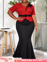AOMEIDRESS Two Piece Sets V Neck Tops Appliques Belt Mermaid Skirts - Red / L