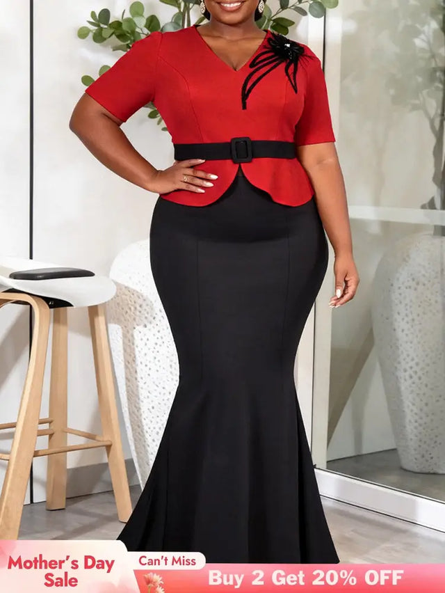 AOMEIDRESS Two Piece Sets V Neck Tops Appliques Belt Mermaid Skirts - Red / L
