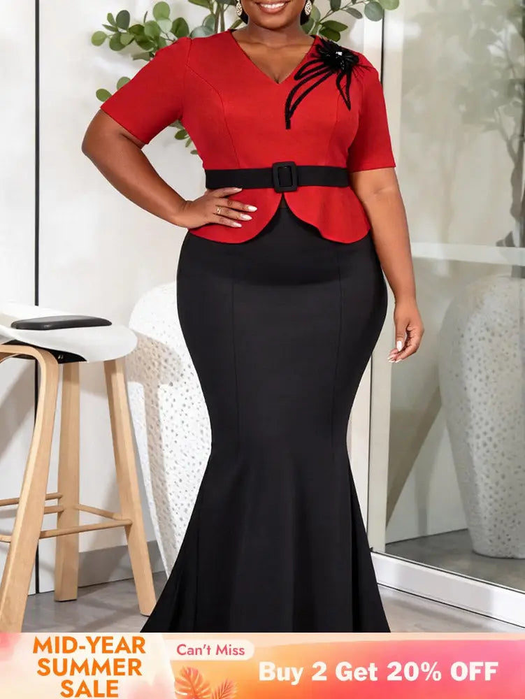 AOMEIDRESS Two Piece Sets V Neck Tops Appliques Belt Mermaid Skirts - Red / L