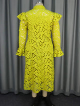 Sophisticated Mustard Green Crochet Lace Turtleneck Cardigan with Strap Midi Dress