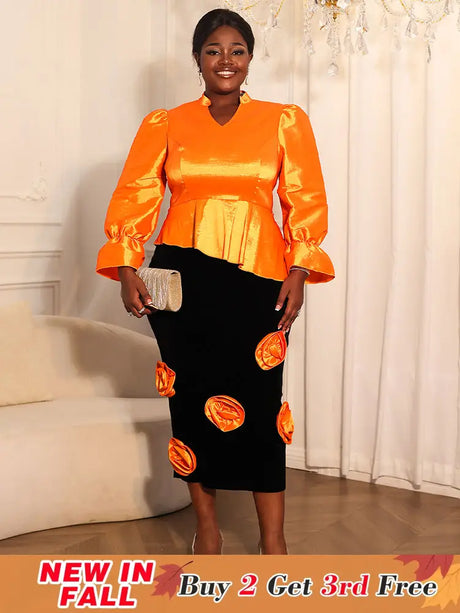 AOMEIDRESS Two Pieces Set Peplum Top 3D Flower Skirt For Wedding Party Orange / S
