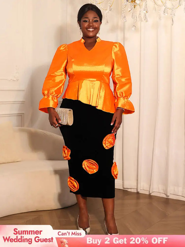 AOMEIDRESS Two Pieces Set Peplum Top 3D Flower Skirt For Wedding Party Orange / S