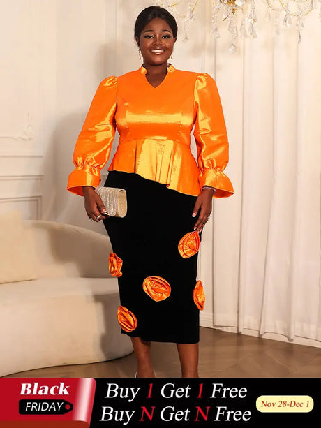 AOMEIDRESS Two Pieces Set Peplum Top 3D Flower Skirt For Wedding Party Orange / S