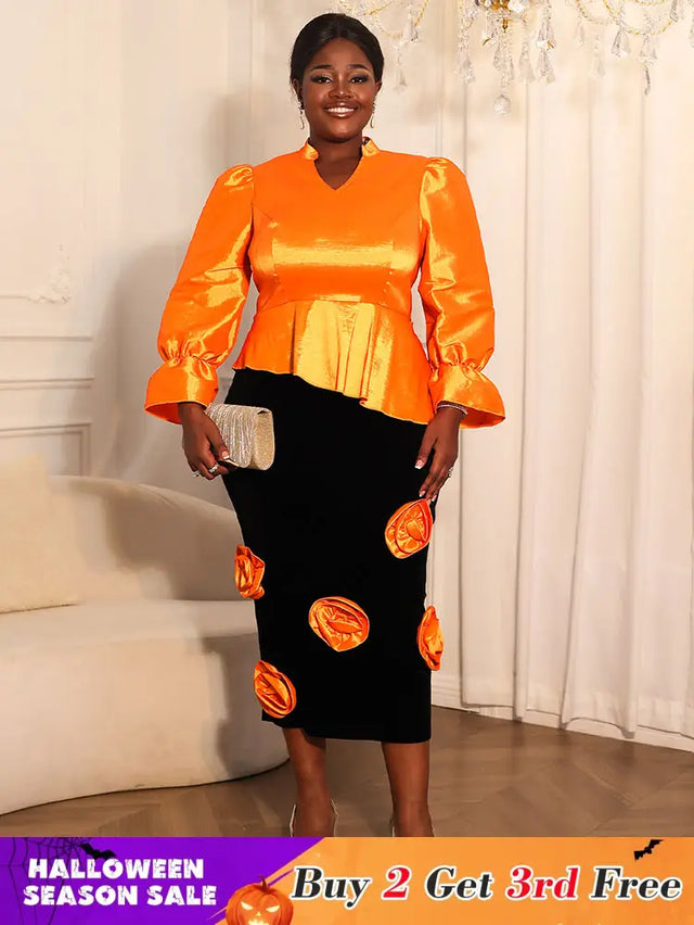 AOMEIDRESS Two Pieces Set Peplum Top 3D Flower Skirt For Wedding Party Orange / S