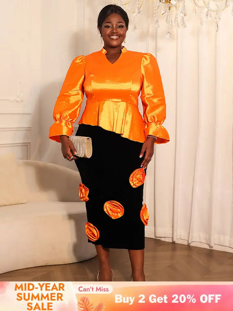AOMEIDRESS Two Pieces Set Peplum Top 3D Flower Skirt For Wedding Party Orange / S