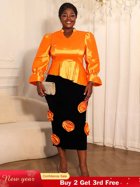 AOMEIDRESS Two Pieces Set Peplum Top 3D Flower Skirt For Wedding Party Orange / S