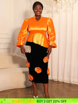 AOMEIDRESS Two Pieces Set Peplum Top 3D Flower Skirt For Wedding Party Orange / S