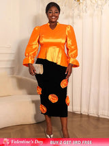AOMEIDRESS Two Pieces Set Peplum Top 3D Flower Skirt For Wedding Party Orange / S