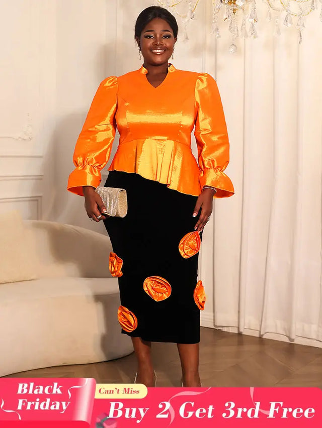 AOMEIDRESS Two Pieces Set Peplum Top 3D Flower Skirt For Wedding Party Orange / S