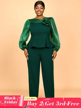 AOMEIDRESS Two Pieces Sets Simple Elegant Causal Suits Long Sleeve DarkGreen / 0XL