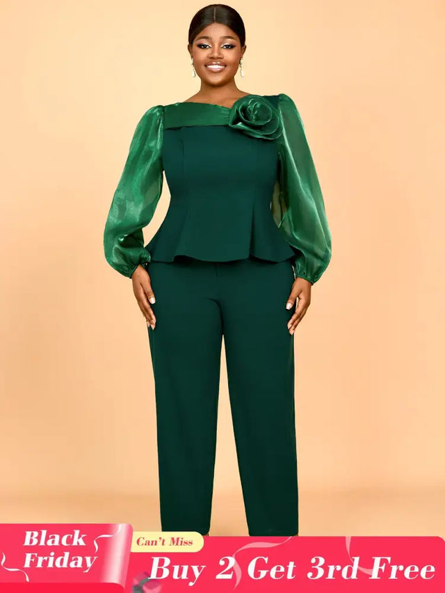 AOMEIDRESS Two Pieces Sets Simple Elegant Causal Suits Long Sleeve DarkGreen / 0XL