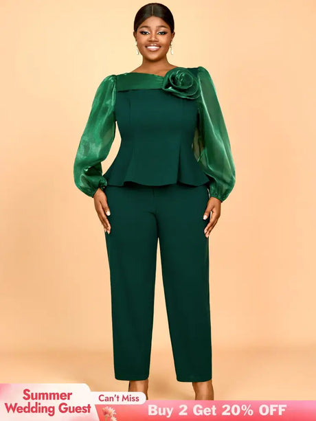 AOMEIDRESS Two Pieces Sets Simple Elegant Causal Suits Long Sleeve DarkGreen / 0XL