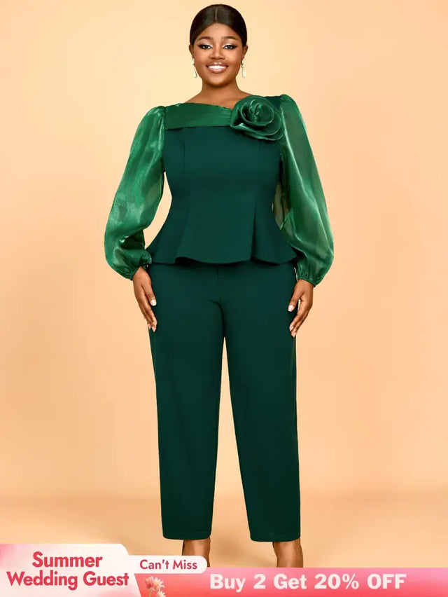 AOMEIDRESS Two Pieces Sets Simple Elegant Causal Suits Long Sleeve DarkGreen / 0XL