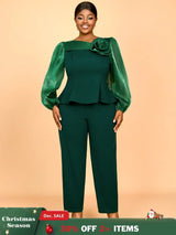 AOMEIDRESS Two Pieces Sets Simple Elegant Causal Suits Long Sleeve DarkGreen / 0XL