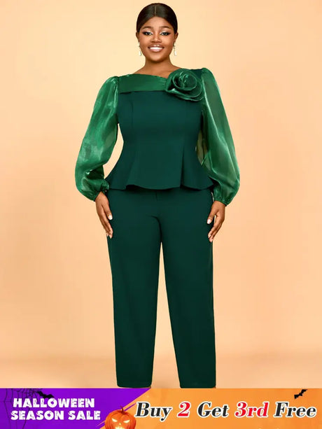 AOMEIDRESS Two Pieces Sets Simple Elegant Causal Suits Long Sleeve DarkGreen / 0XL