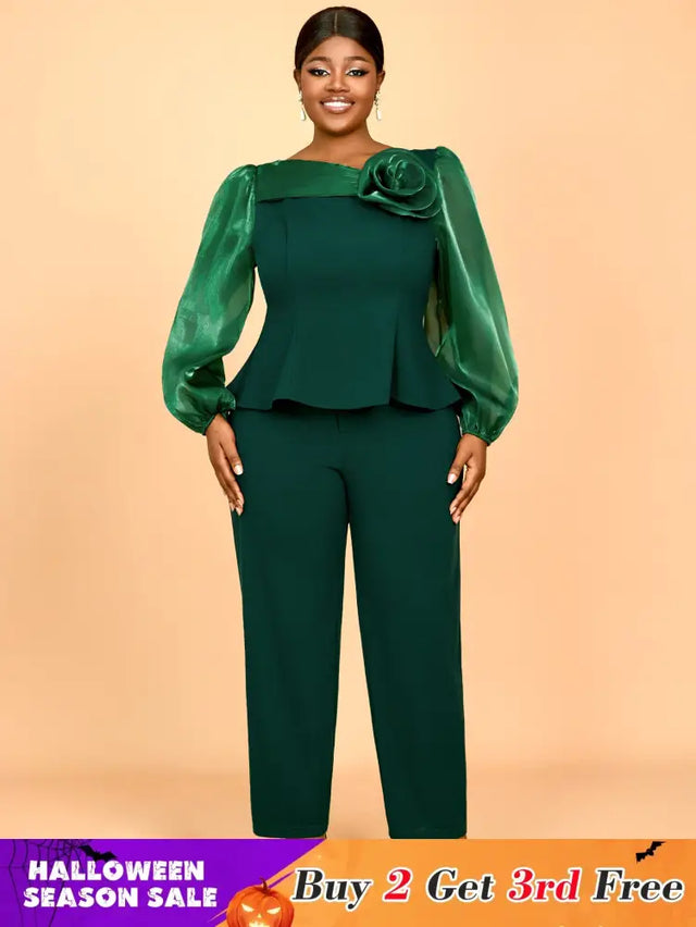 AOMEIDRESS Two Pieces Sets Simple Elegant Causal Suits Long Sleeve DarkGreen / 0XL
