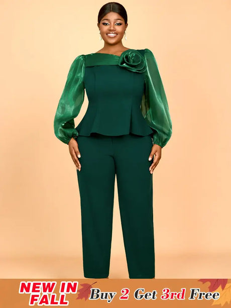 AOMEIDRESS Two Pieces Sets Simple Elegant Causal Suits Long Sleeve DarkGreen / 0XL