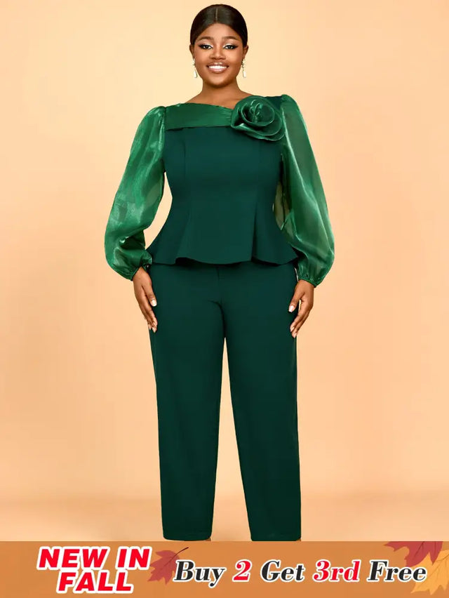 AOMEIDRESS Two Pieces Sets Simple Elegant Causal Suits Long Sleeve DarkGreen / 0XL