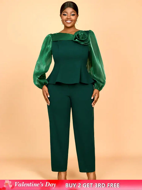 AOMEIDRESS Two Pieces Sets Simple Elegant Causal Suits Long Sleeve DarkGreen / 0XL