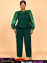 AOMEIDRESS Two Pieces Sets Simple Elegant Causal Suits Long Sleeve DarkGreen / 0XL
