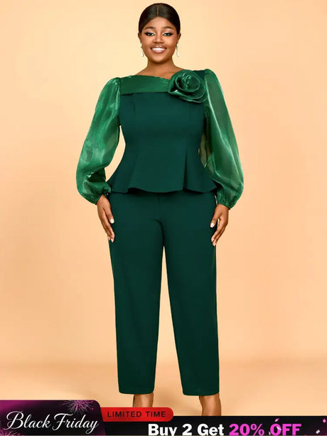 AOMEIDRESS Two Pieces Sets Simple Elegant Causal Suits Long Sleeve DarkGreen / 0XL