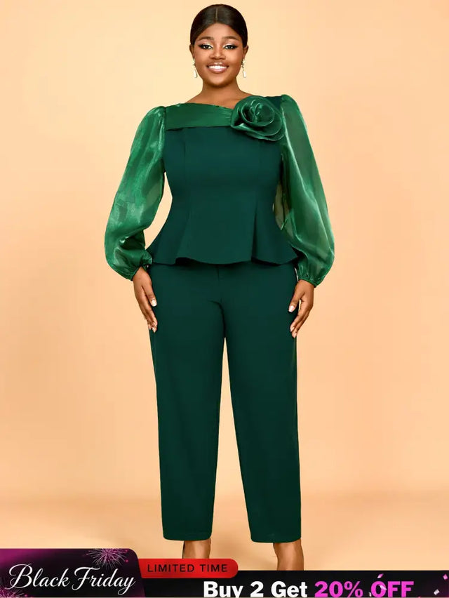AOMEIDRESS Two Pieces Sets Simple Elegant Causal Suits Long Sleeve DarkGreen / 0XL