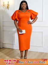 orange v neck puff sleeve dresses for women