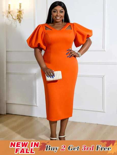 orange v neck puff sleeve dresses for women