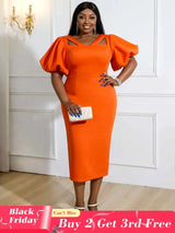orange v neck puff sleeve dresses for women