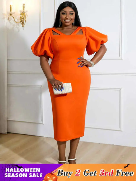 orange v neck puff sleeve dresses for women