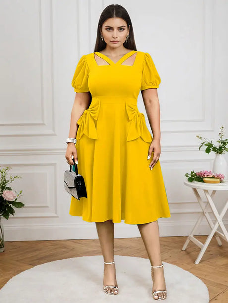 AOMEIDRESS V Neck Cut Out Short Sleeves Bows High Waist A Line Dress Yellow / 0XL