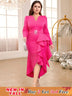 AOMEIDRESS V Neck Dress Long Sleeves Ruffles Asymmetrical High Waist Rose / S