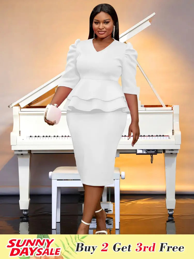 AOMEIDRESS V Neck Dress Puff Half Sleeve Empire Peplum Ruffles Midi White / S
