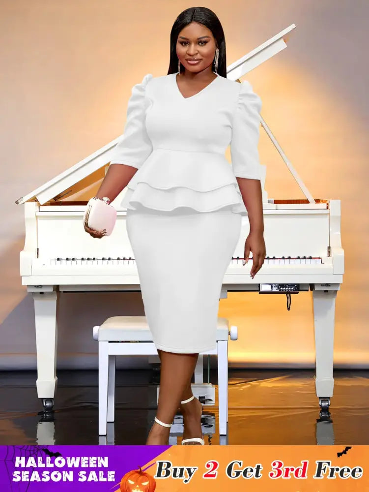 AOMEIDRESS V Neck Dress Puff Half Sleeve Empire Peplum Ruffles Midi White / S