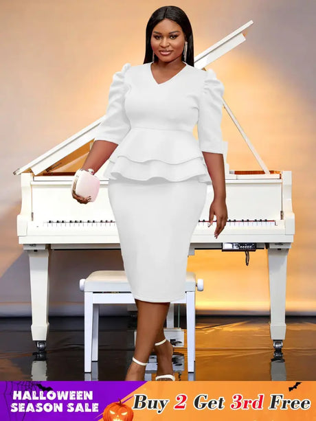 AOMEIDRESS V Neck Dress Puff Half Sleeve Empire Peplum Ruffles Midi White / S