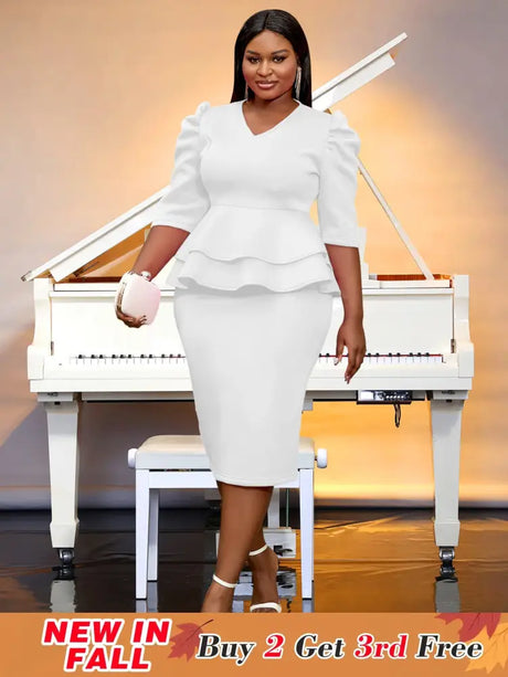 AOMEIDRESS V Neck Dress Puff Half Sleeve Empire Peplum Ruffles Midi White / S