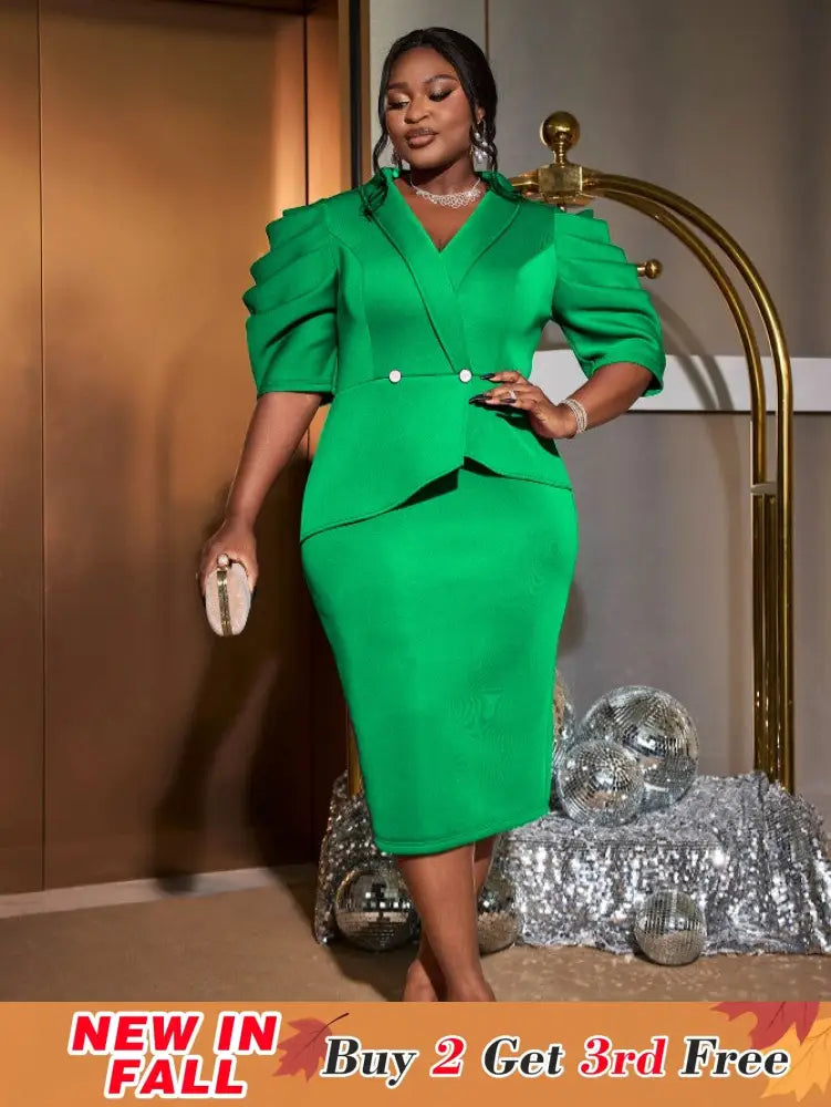 AOMEIDRESS V Neck Dresses Half Puff Sleeve Package Hip High Waist Green / S