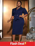 AOMEIDRESS V Neck Dresses Half Puff Sleeve Package Hip High Waist Navy / S