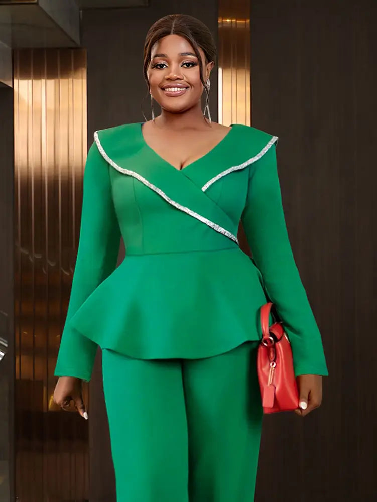 AOMEIDRESS V Neck Peplum Green Top with Rhinestone Trim Causal Church