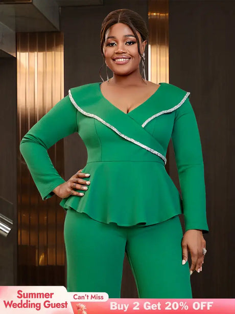 AOMEIDRESS V Neck Peplum Green Top with Rhinestone Trim Causal Church Green / L