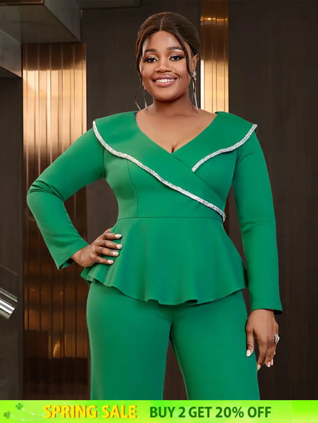 AOMEIDRESS V Neck Peplum Green Top with Rhinestone Trim Causal Church Green / L