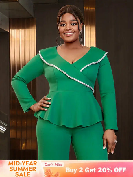 AOMEIDRESS V Neck Peplum Green Top with Rhinestone Trim Causal Church Green / L